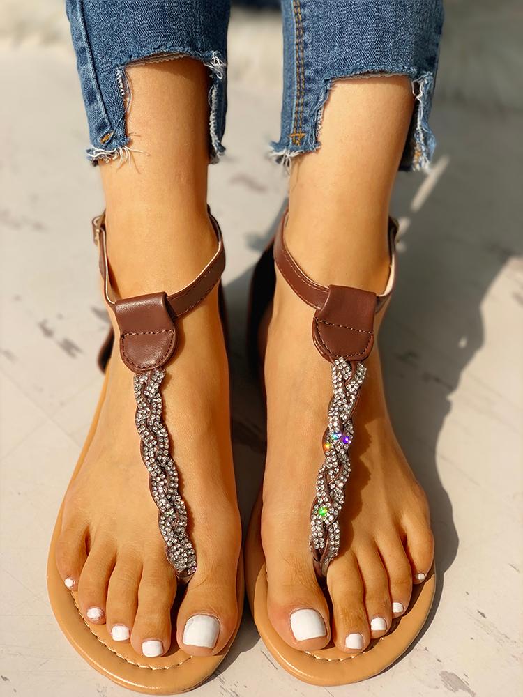 

Studded T-Strap Casual Flat Sandals, Brown