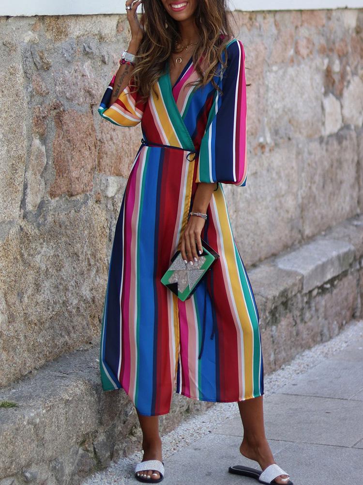 

Colorful Stripes Slit Belt Casual Wrap Dress