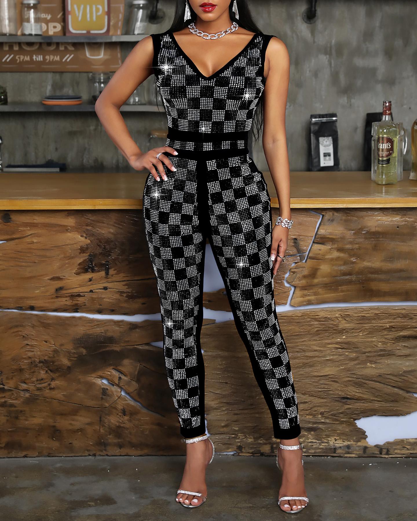 

Plaid Studded Sleeveless Jumpsuit, Black