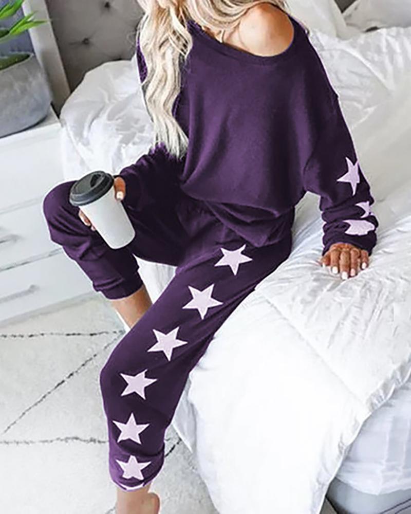 

Star Print Top & Pants Pajamas Sets, Purple