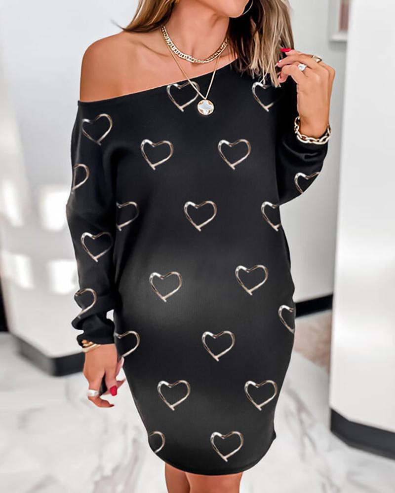 

One Shoulder Heart Print Casual Dress, Black