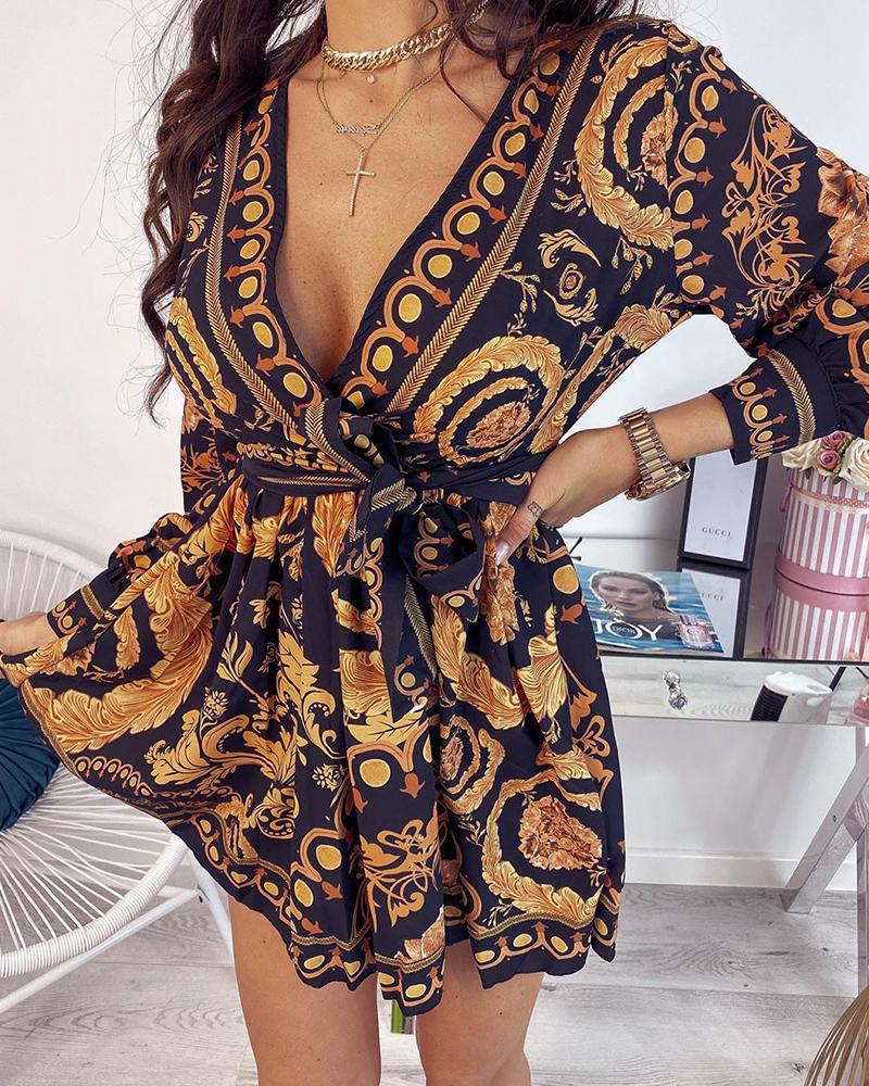 

Baroque Print Tie Waist Mini Dress, Multicolor