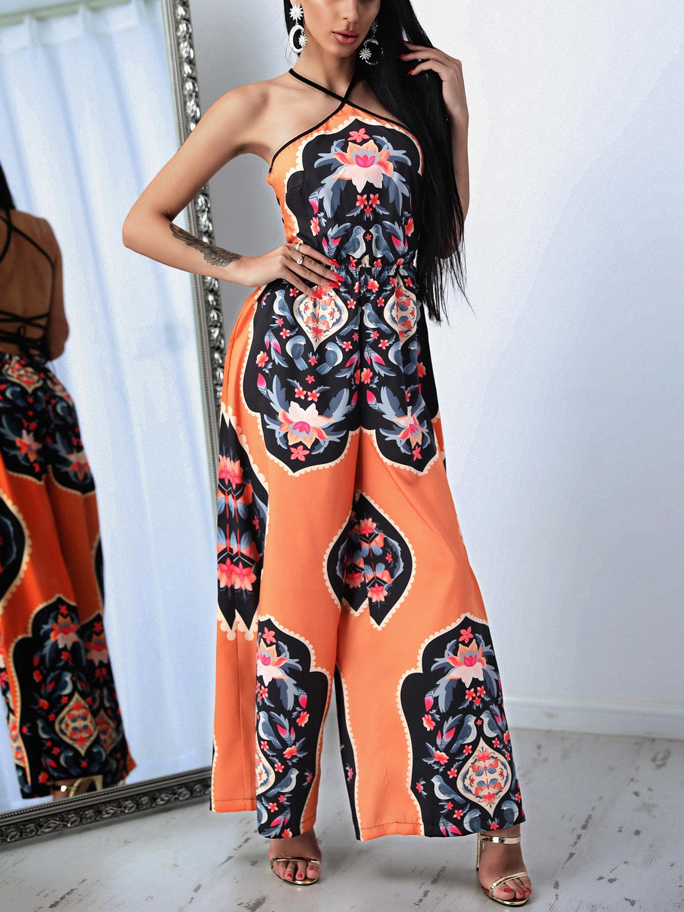 

Halter Vintage Paisley Print Wide Leg Jumpsuit, Multicolor