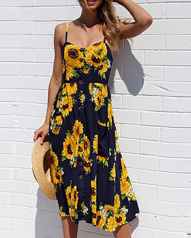 

Sunflower Print Spaghetti Strap Casual Dress, Dark blue