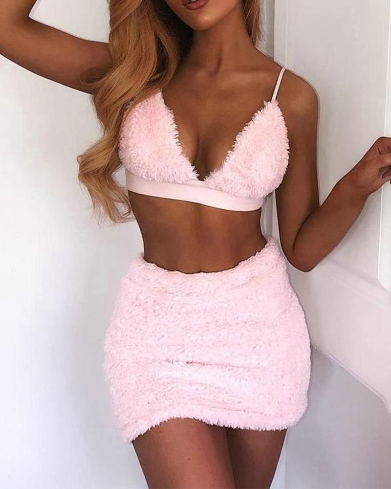 

Faux Fur Bra & Skirt Two Piece Set, Pink