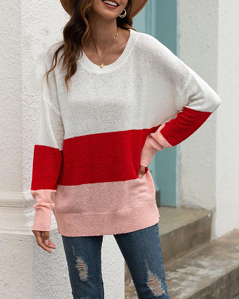 

Colorblock Long Sleeve Casual Sweater, White