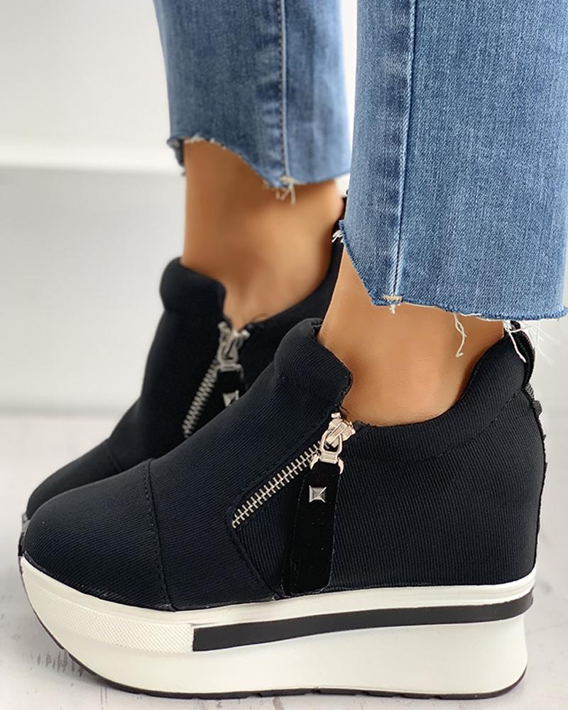 

Zipper Design Wedge Platform Sneakers, Black