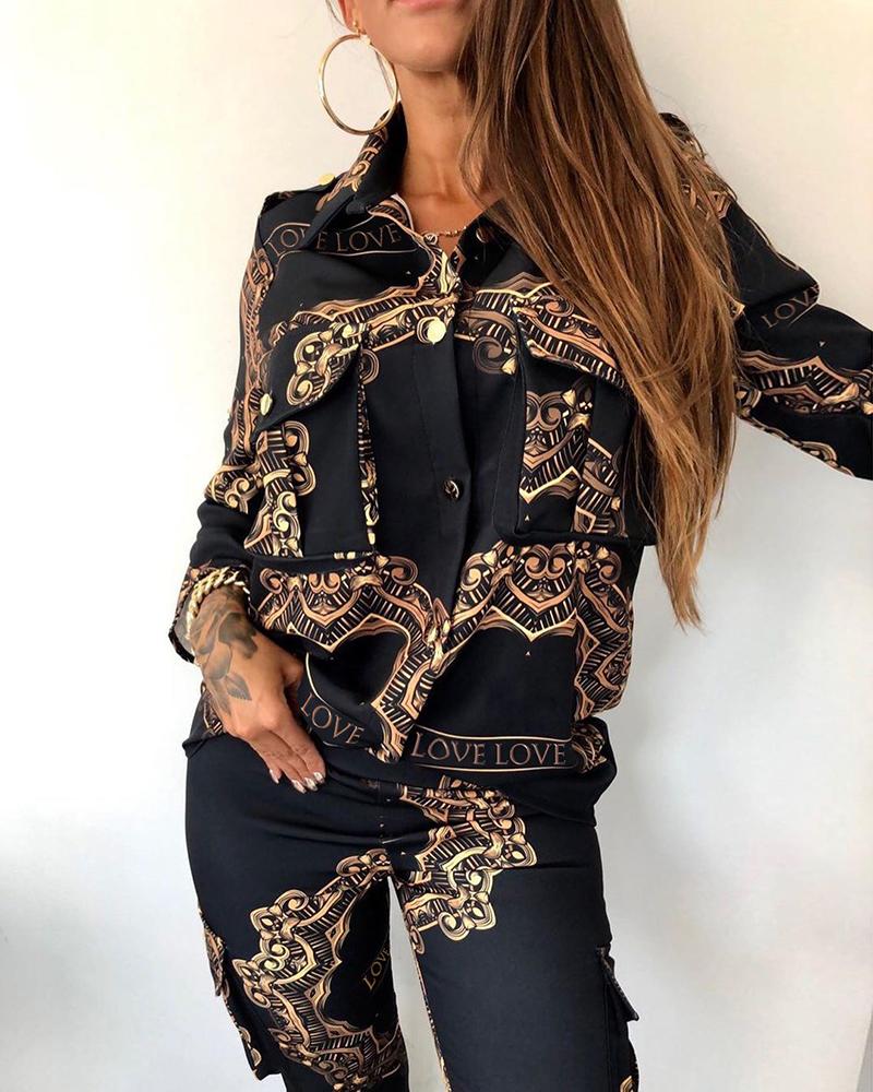 

Print Buttoned Pocket Top & Pant Sets, Black
