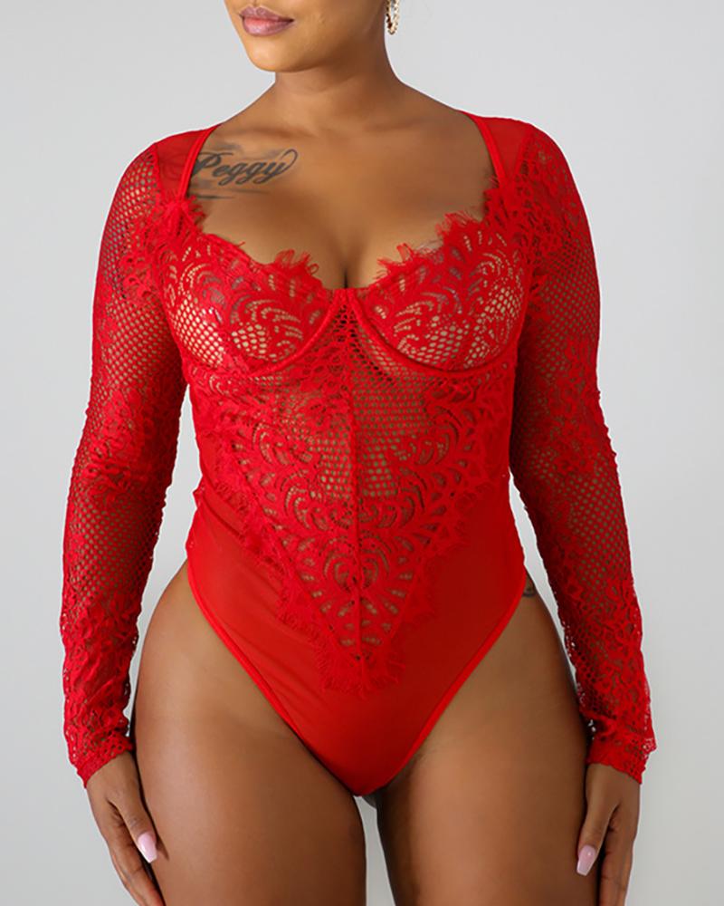 

Long Sleeve Eyelash Lace Teddy Lingerie, Red