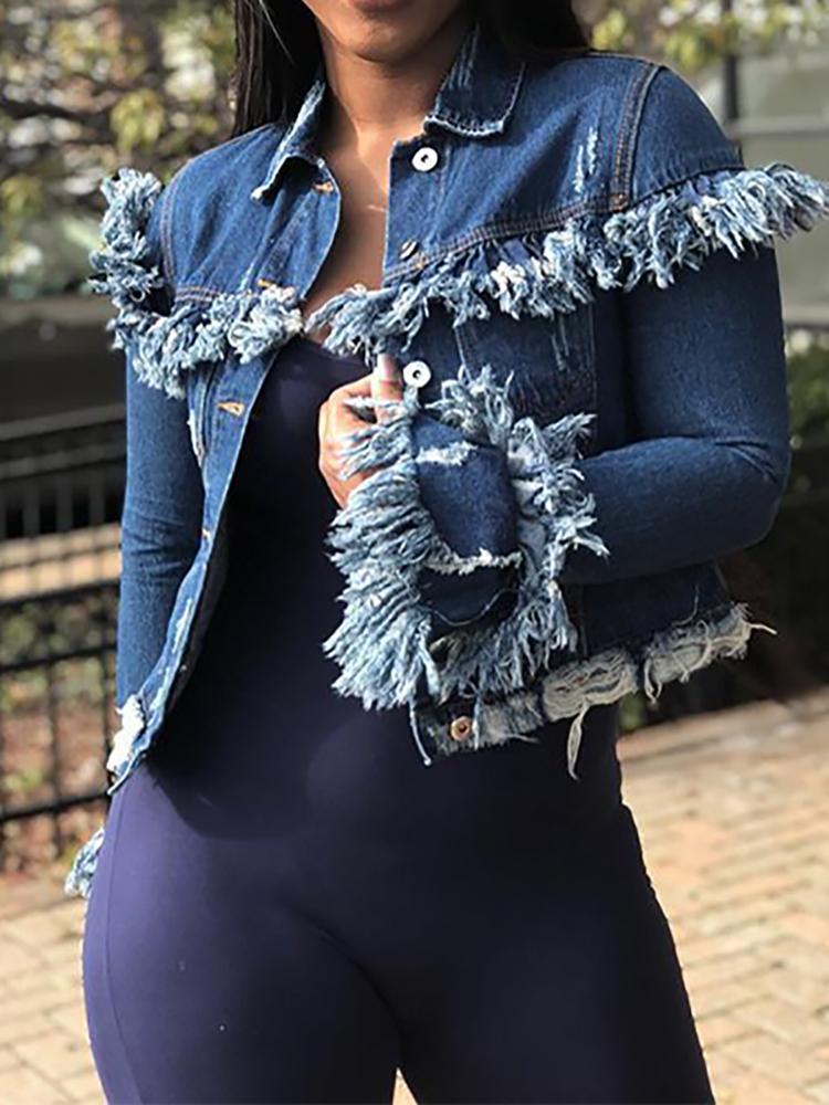 

Denim Fringes Distressed Tassel Coat, Dark blue