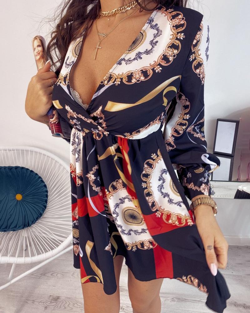 

Baroque Print Deep-V Neck Wrap Dress, Black