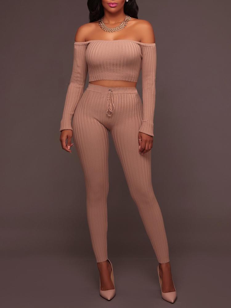 

Off Shoulder Rib-knit Crop Top & Pants Sets