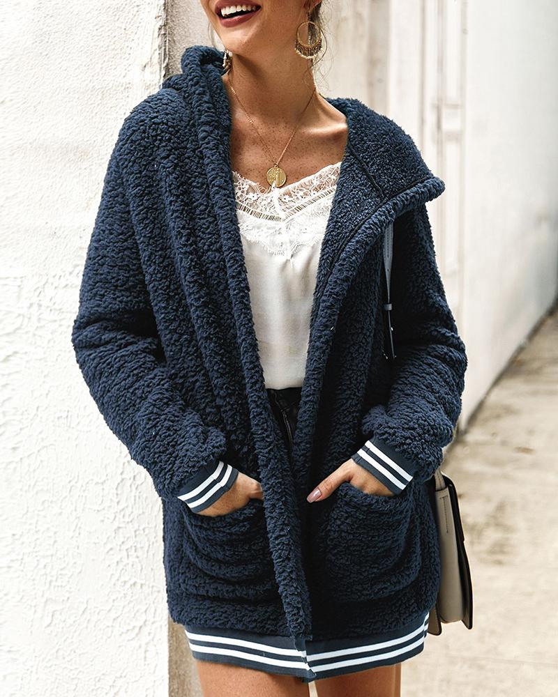 

Fluffy Solid Long Sleeve Zipped Pocket Hooded Coat, Dark blue