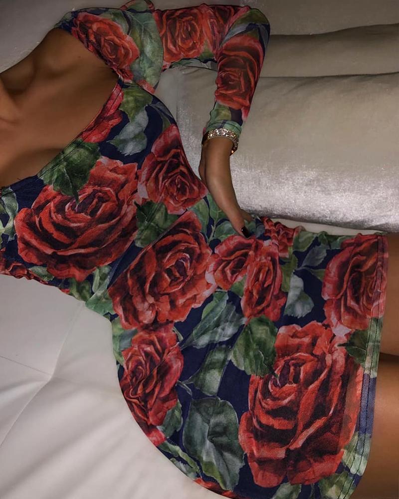 

Rose Print Bodycon Mini Dress, Red