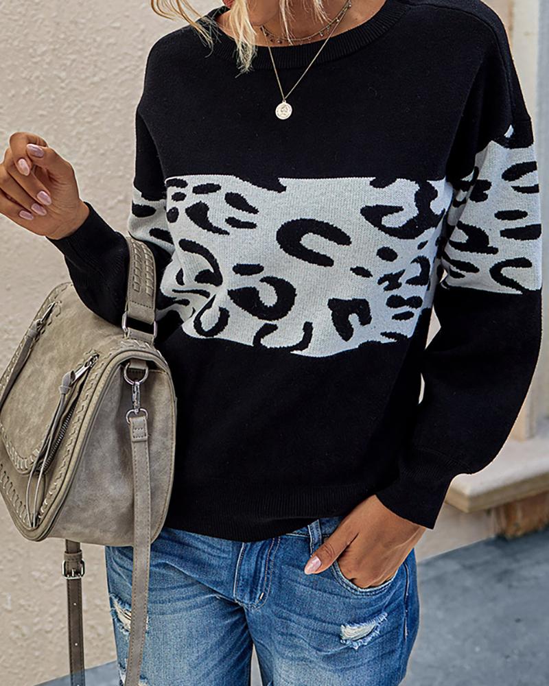 

Cheetah Print Colorblock Long Sleeve Casual Sweater, Black