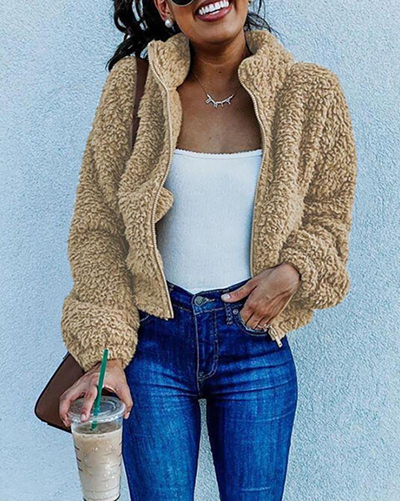

Solid Stand Collar Zipper Design Fluffy Coat, Coffee