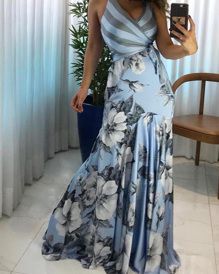 

Floral Print Wrapped Tied Side Maxi Dress, Blue