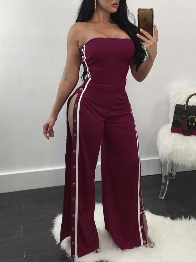 

Strapless Buttoned Slit Flared Jumpsuit