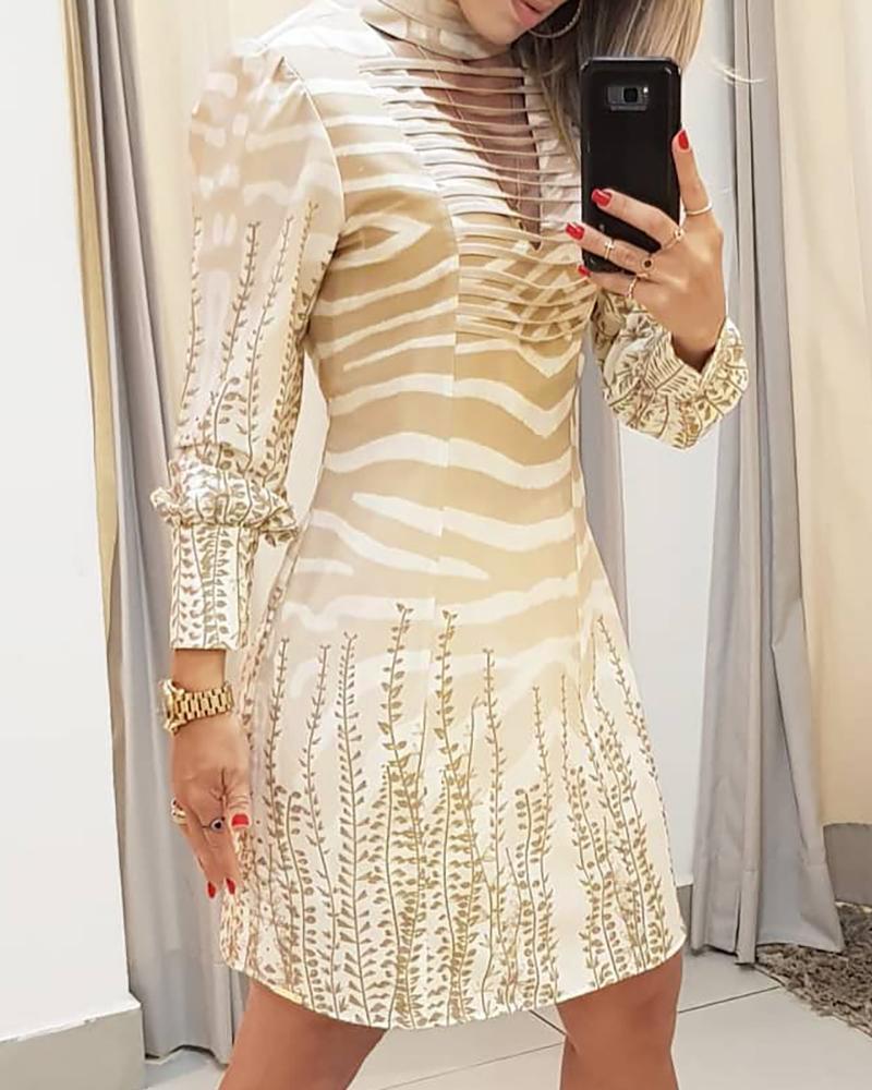 

Leaf Print Ladder Cutout Neck Long Sleeve Dress, Apricot