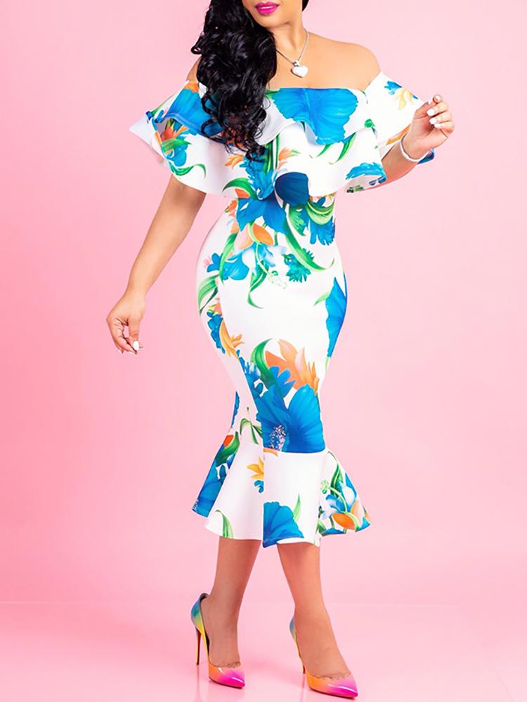 

Floral Flounce Off Shoulder Fishtail Hem Dress, White