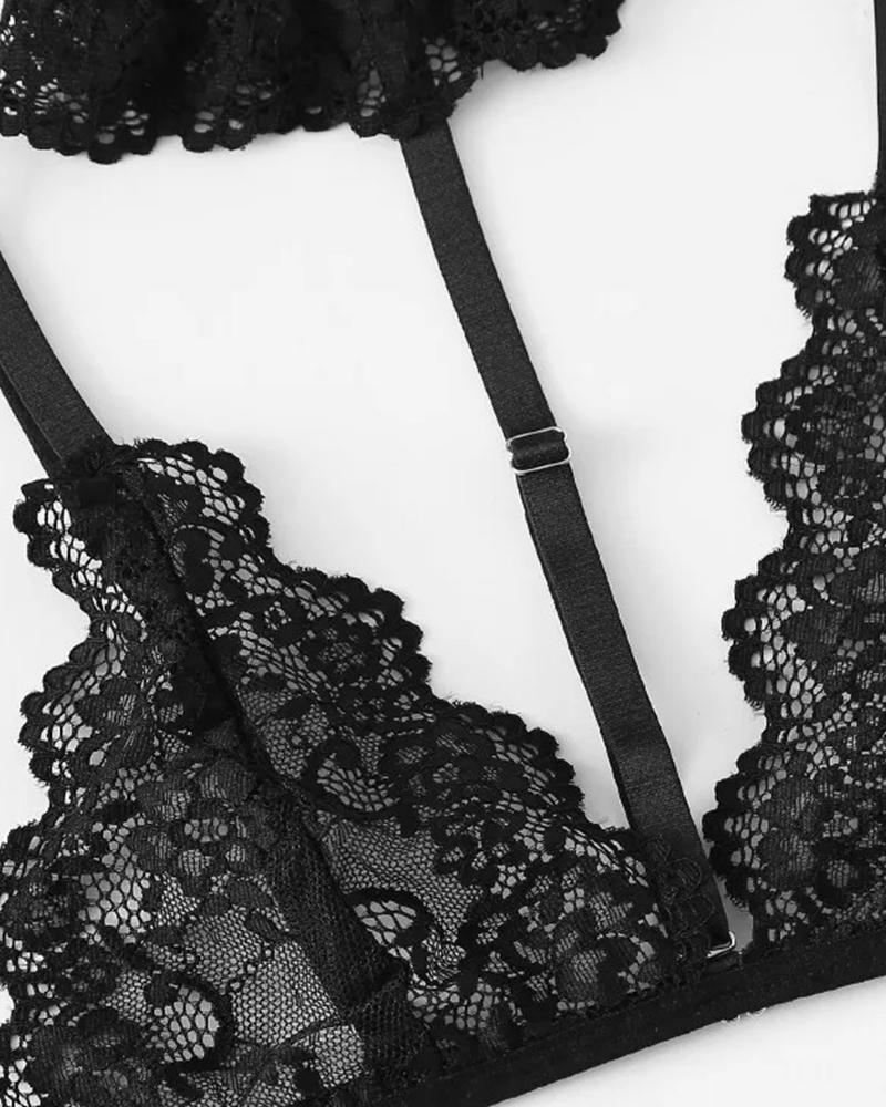 

Splicing Floral Lace Halter Sleeveless Bra Sets With Garter, Black