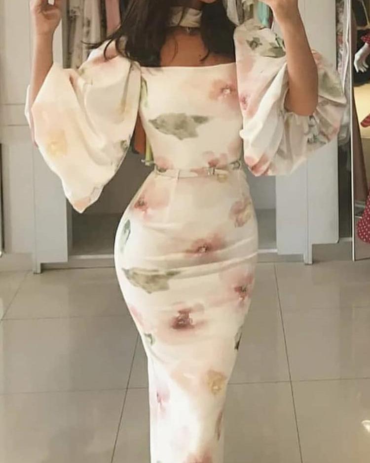 

Floral Print Lantern Sleeve Bodycon Dress, White