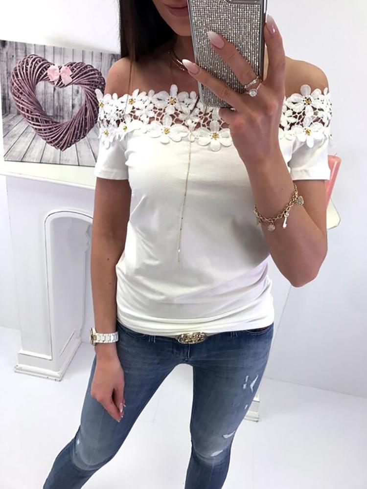 

Crochet Flower Applique Off Shoulder Top, White