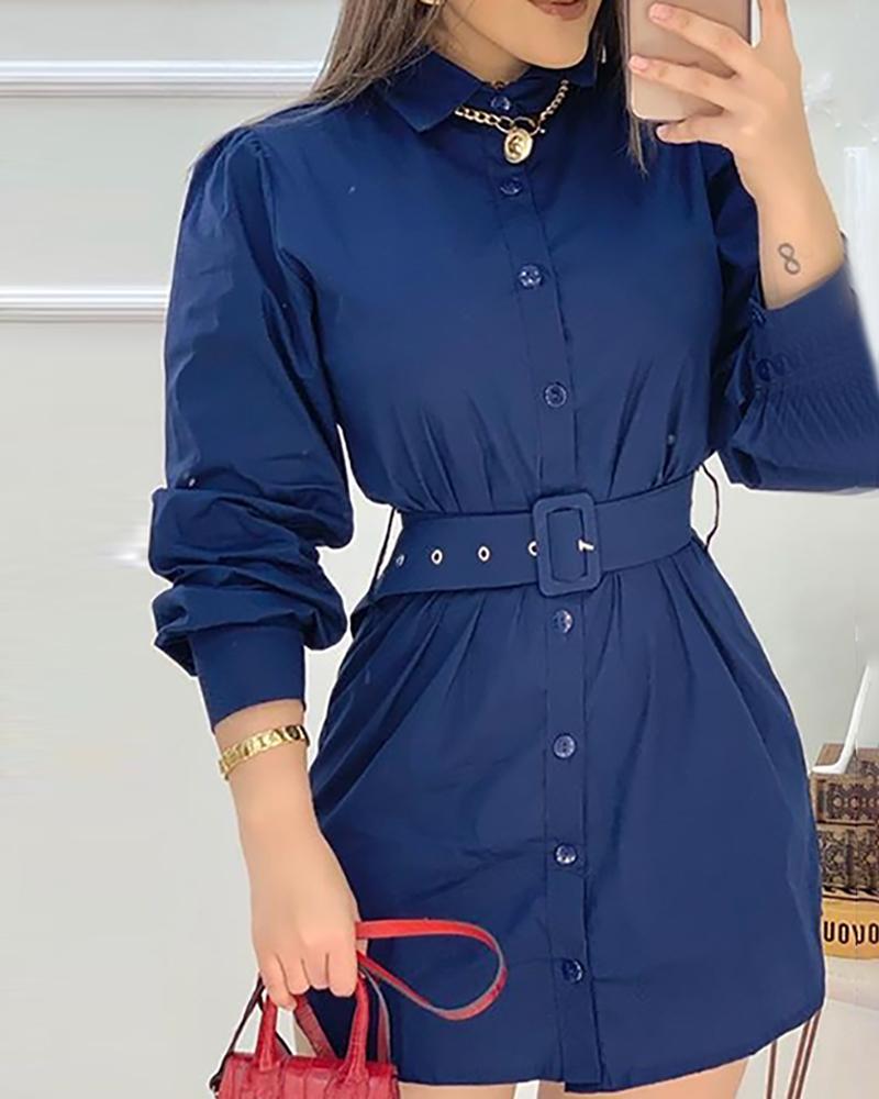 

Button Design Long Sleeve Shirt Dress, Purplish blue