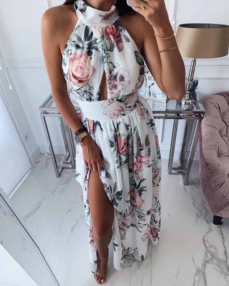 

Floral Print Knotted Backless slit Dress, White