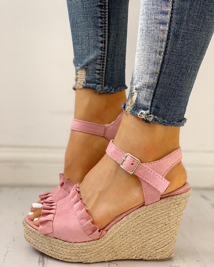 

Frills Hem Ankle Srap Espadrille Wedges, Pink