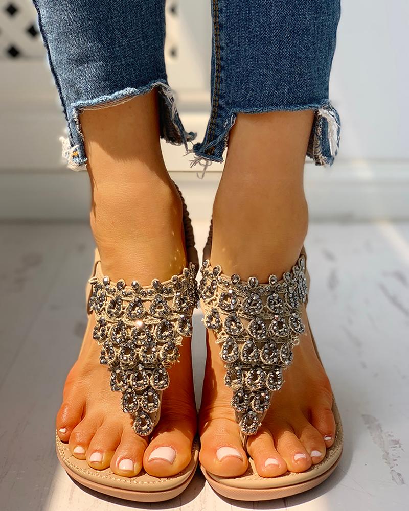 

Toe Post Studded Flat Sandals, Apricot