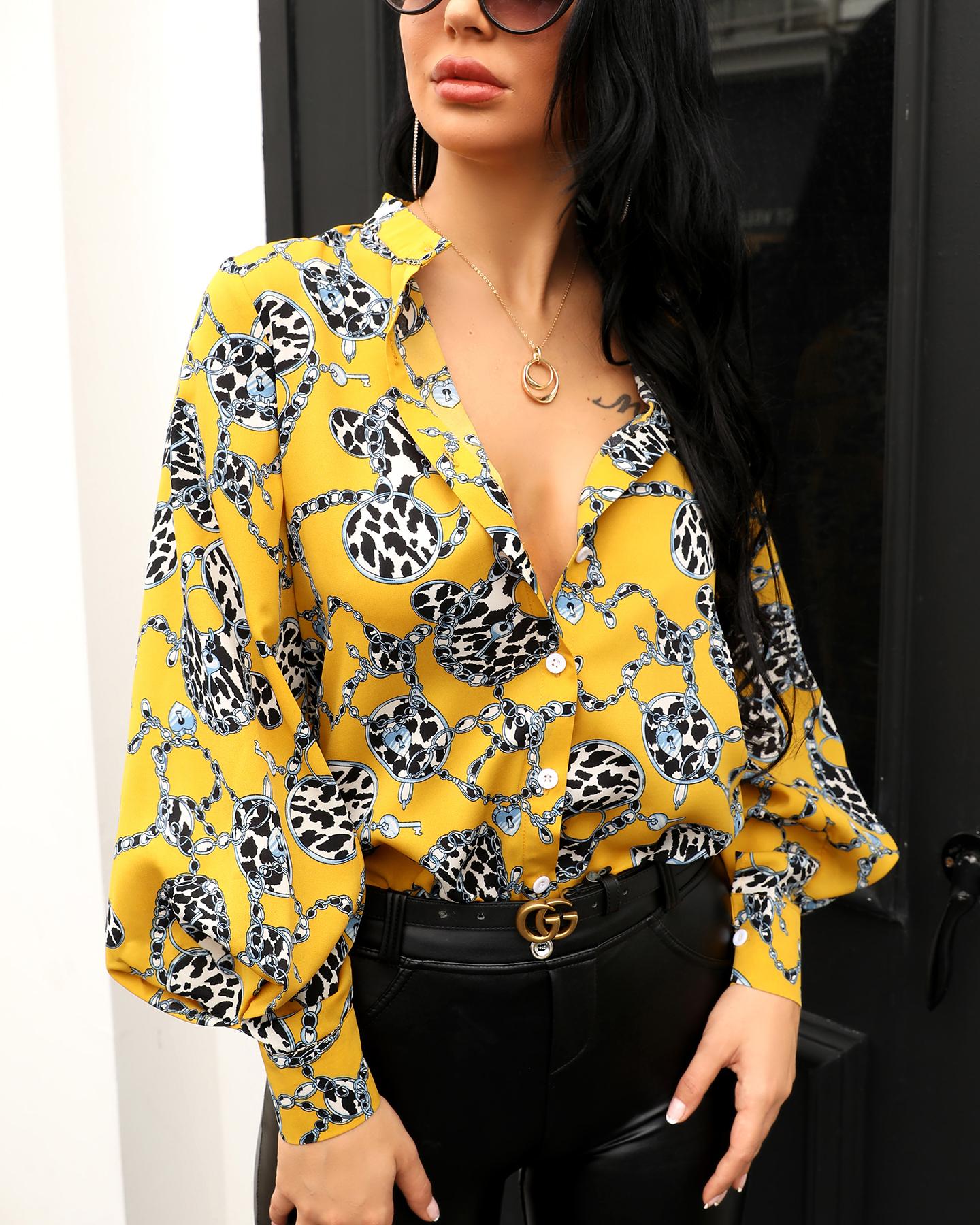 

Lantern Sleeve Scarf Print Casual Shirt, Multicolor