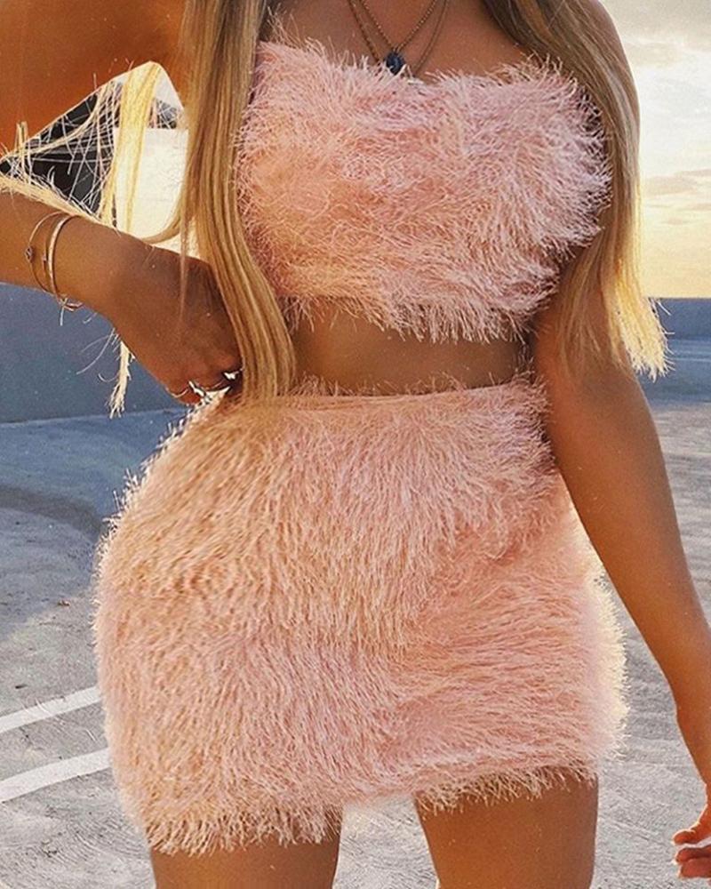 

Plain Fluffy Crop Top & Skirt Set, Pink
