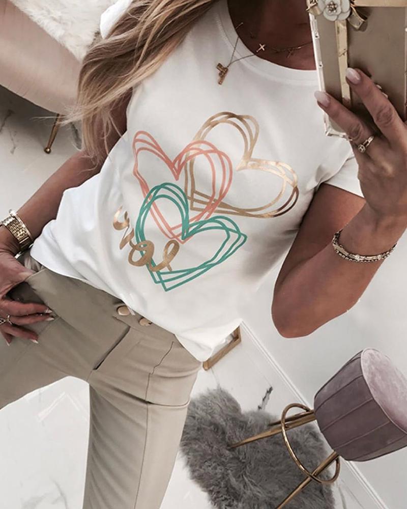 

Heart Print Round Neck Casual T-shirt, White