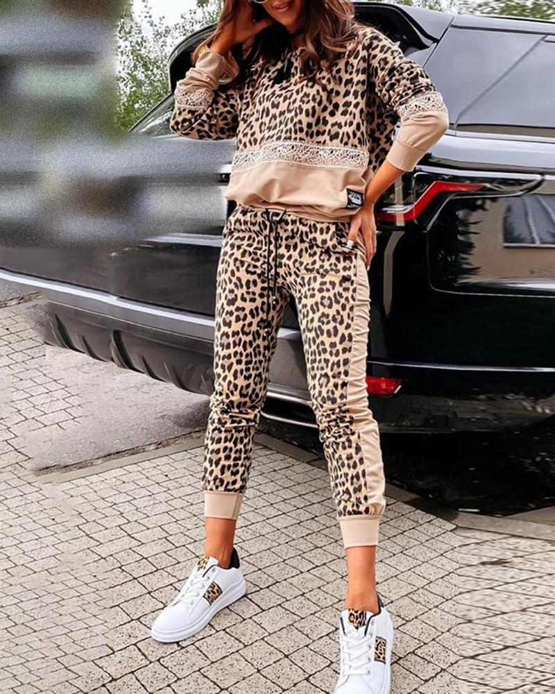 

Cheetah Print Casual Top & Drawstring Pants Set, Leopard