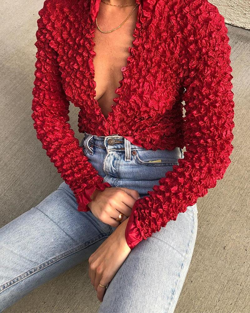 

Solid Plunge Long Sleeve Crumpled Blouse, Red