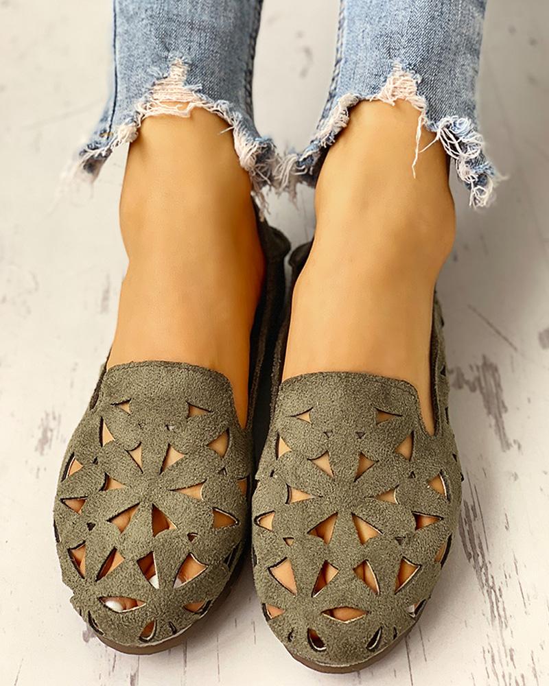

Suede Hollow Out Flat Shoes, Green