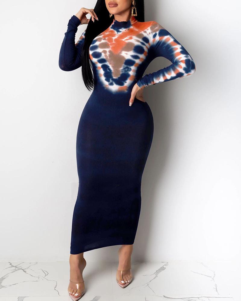 

Abstract Print Long Sleeve Midi Dress, Dark blue