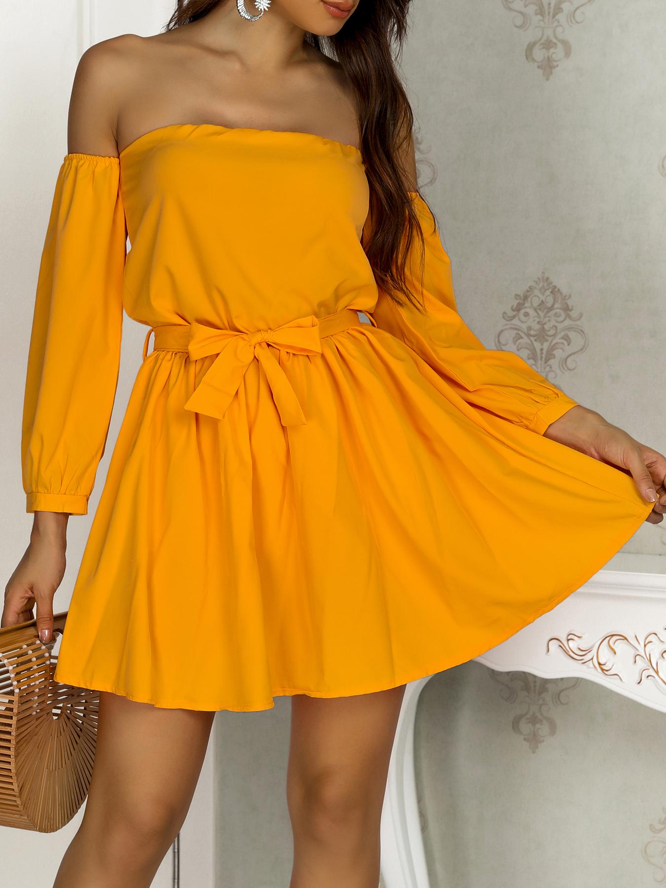 

Trendy Off Shoulder Belted Casual Dress
