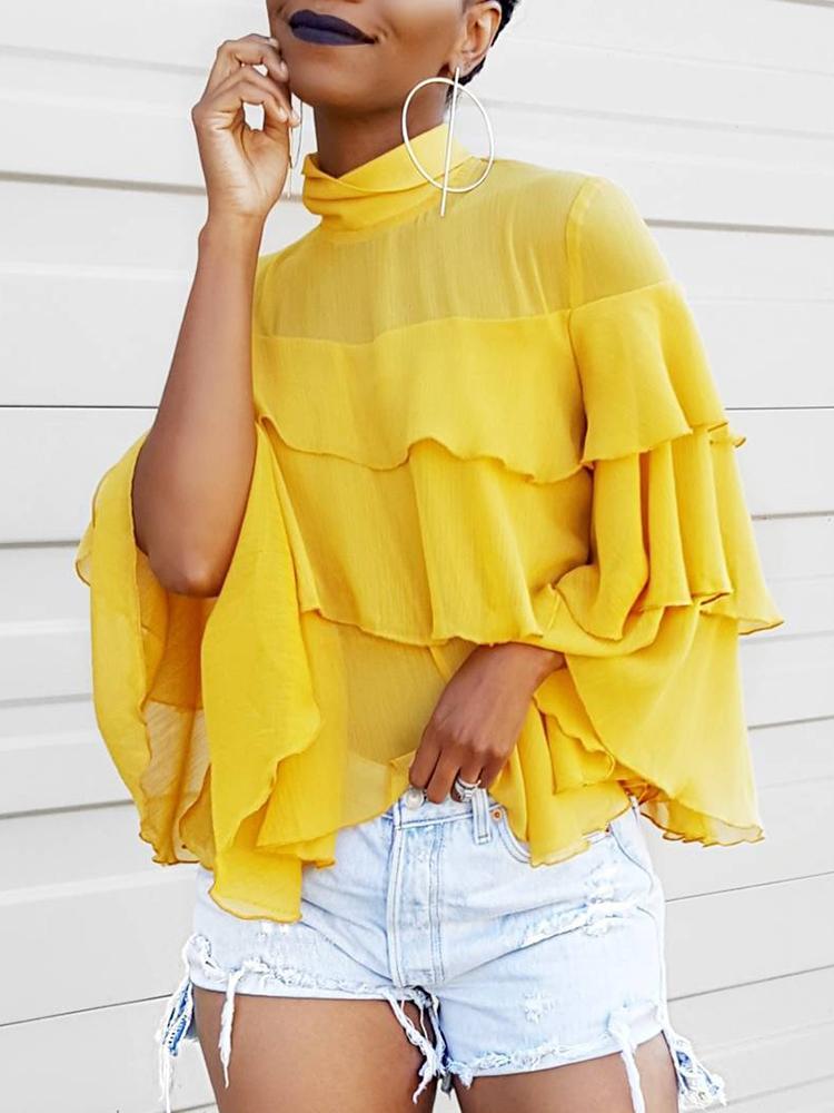 

Flared Sleeve Layered Ruffles Trim Casual Blouse, Yellow