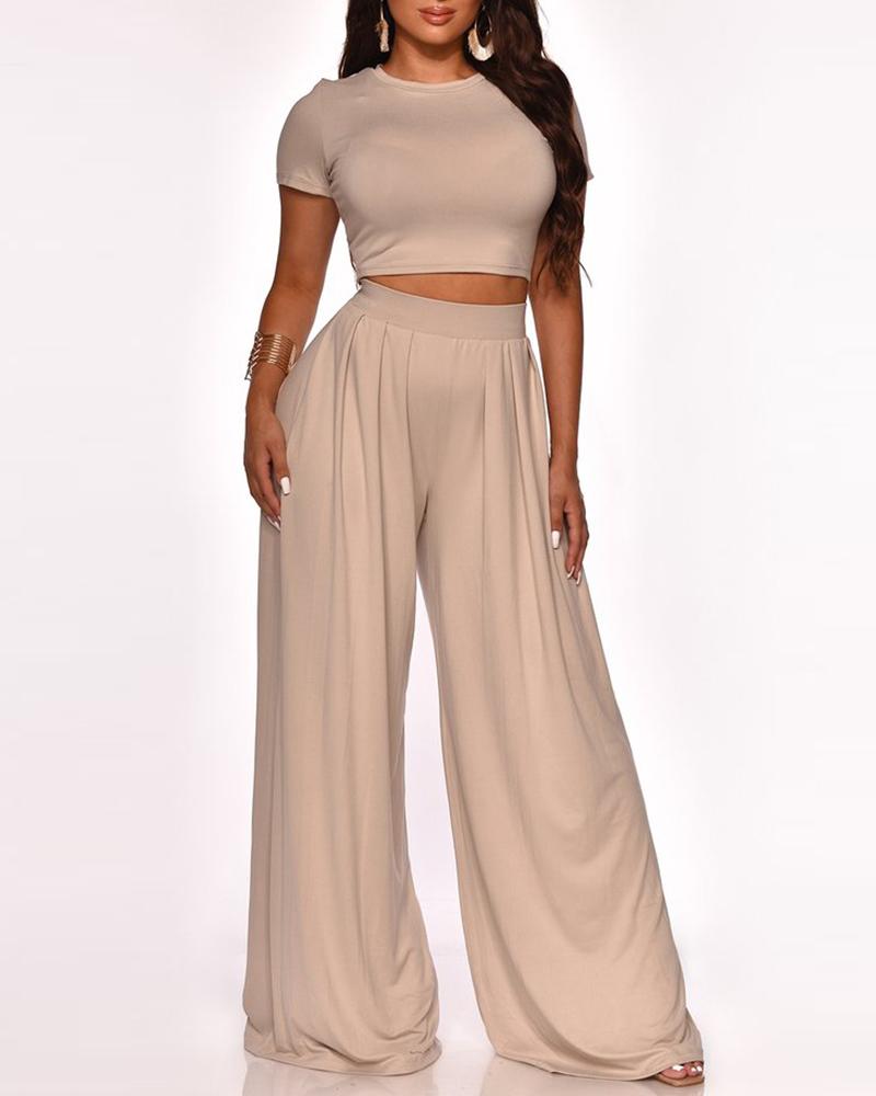 

Solid Short Sleeve Crop Top & Ruched Wide Leg Pants Set, Khaki