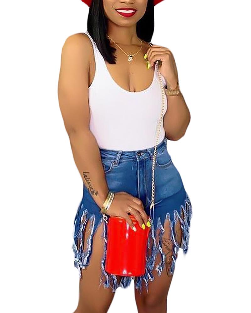 

High Waist Tassel Distressed Denim Shorts