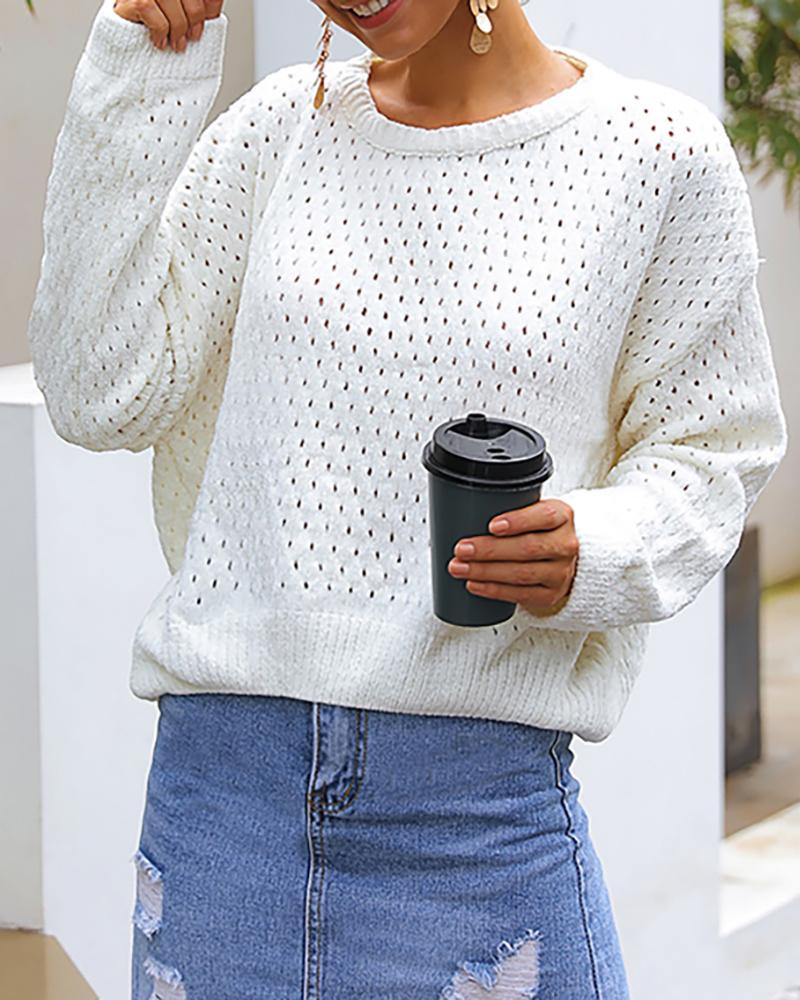 

Round Neck Hollow Out Knitting Casual Sweater, White