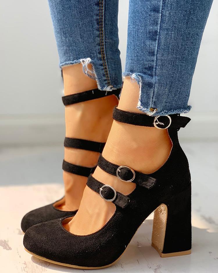 

Suede Multi-Strap Buckled Chunky Heels, Black