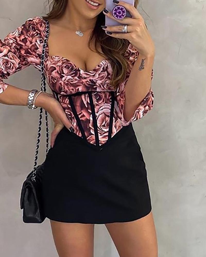 

V Neck Floral Print Corset Dress, Red