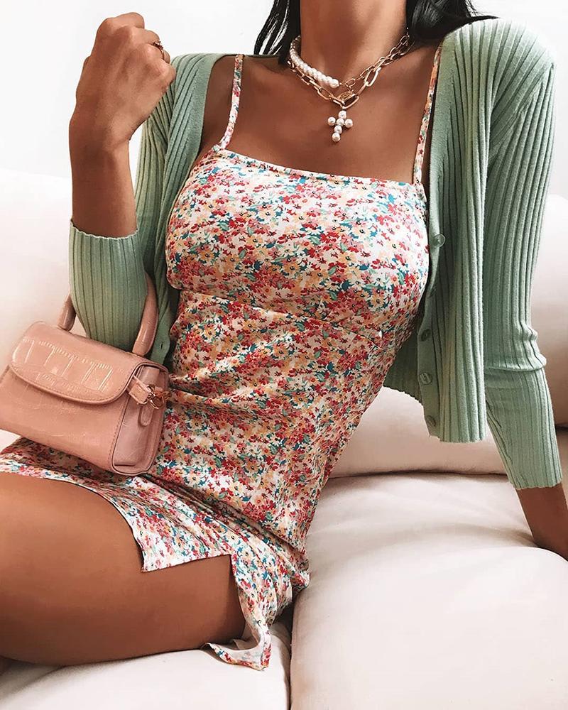

Square Neck Slit Floral Print Dress, Multicolor