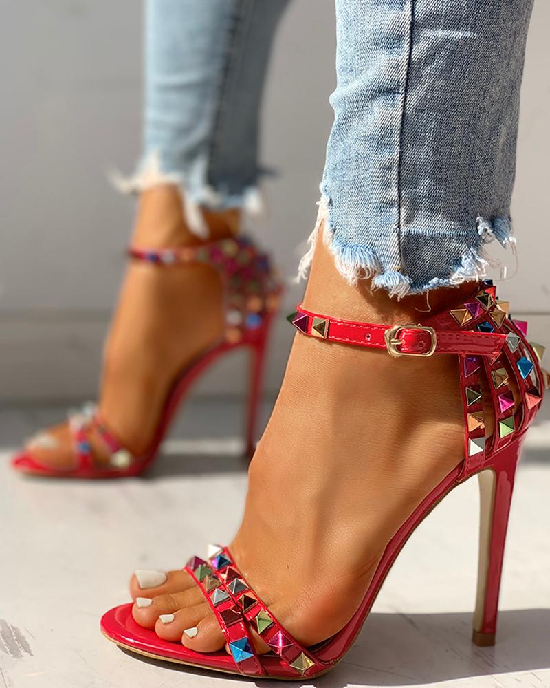 

Glitter Studded Ankle Buckled Thin Heeled Sandals, Red