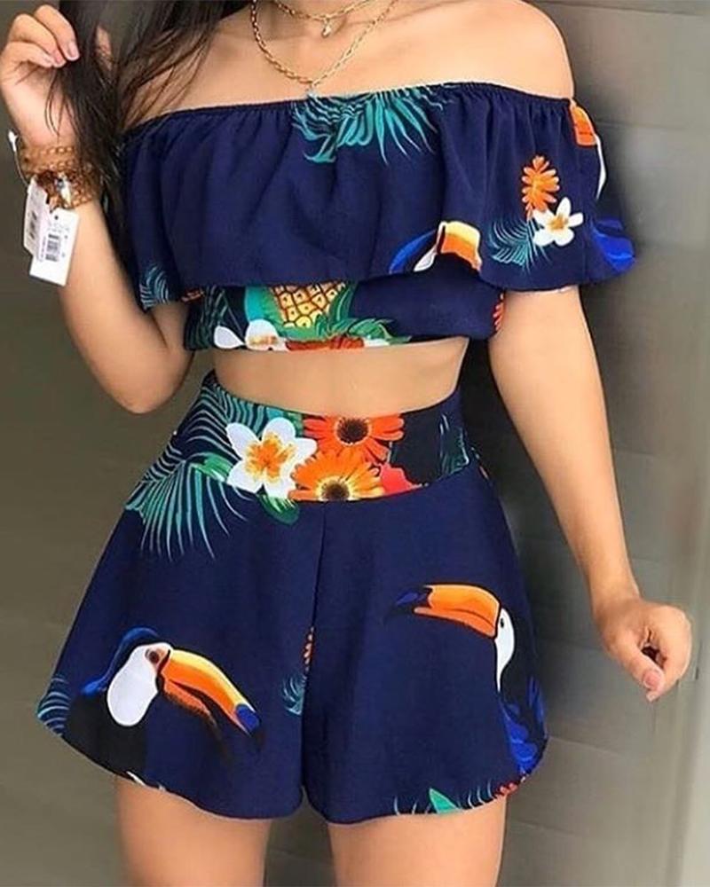 

Tropical Print Top & Shorts Set, Blue