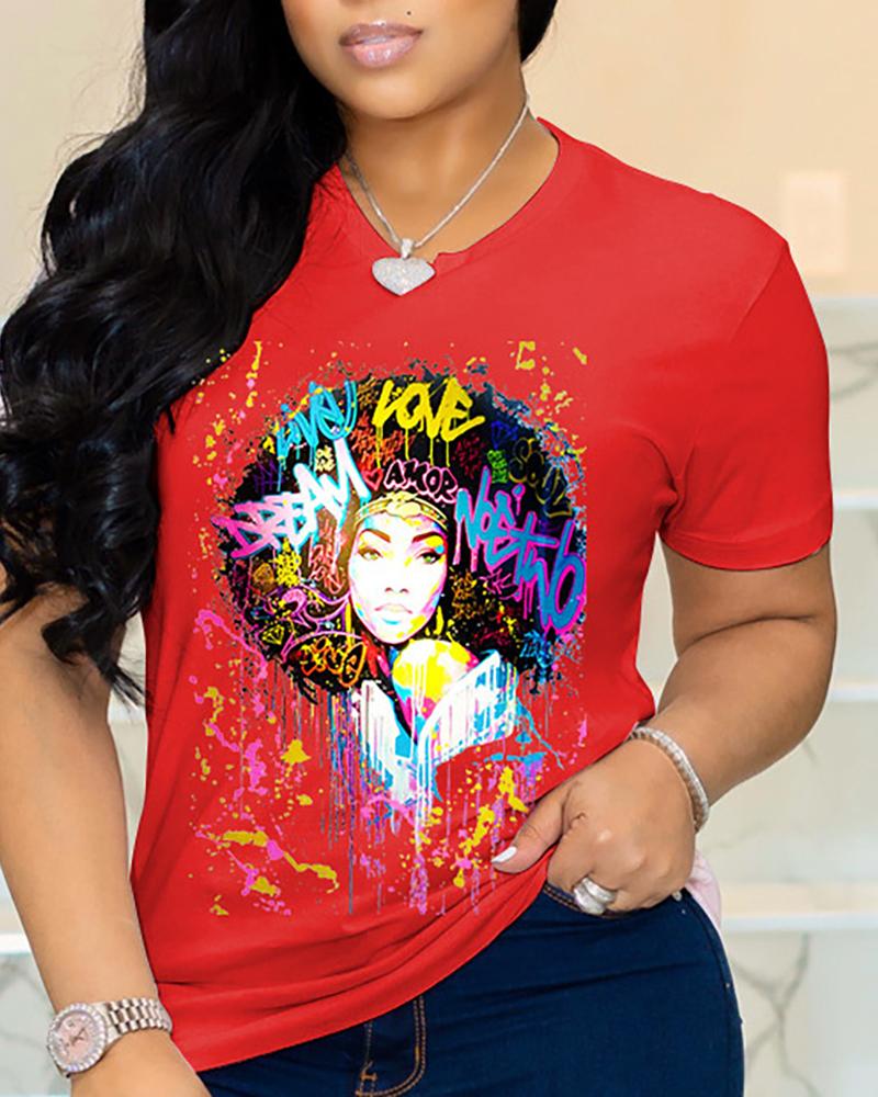 

Figure Letter Print Short Sleeve Casual T-shirt, Red