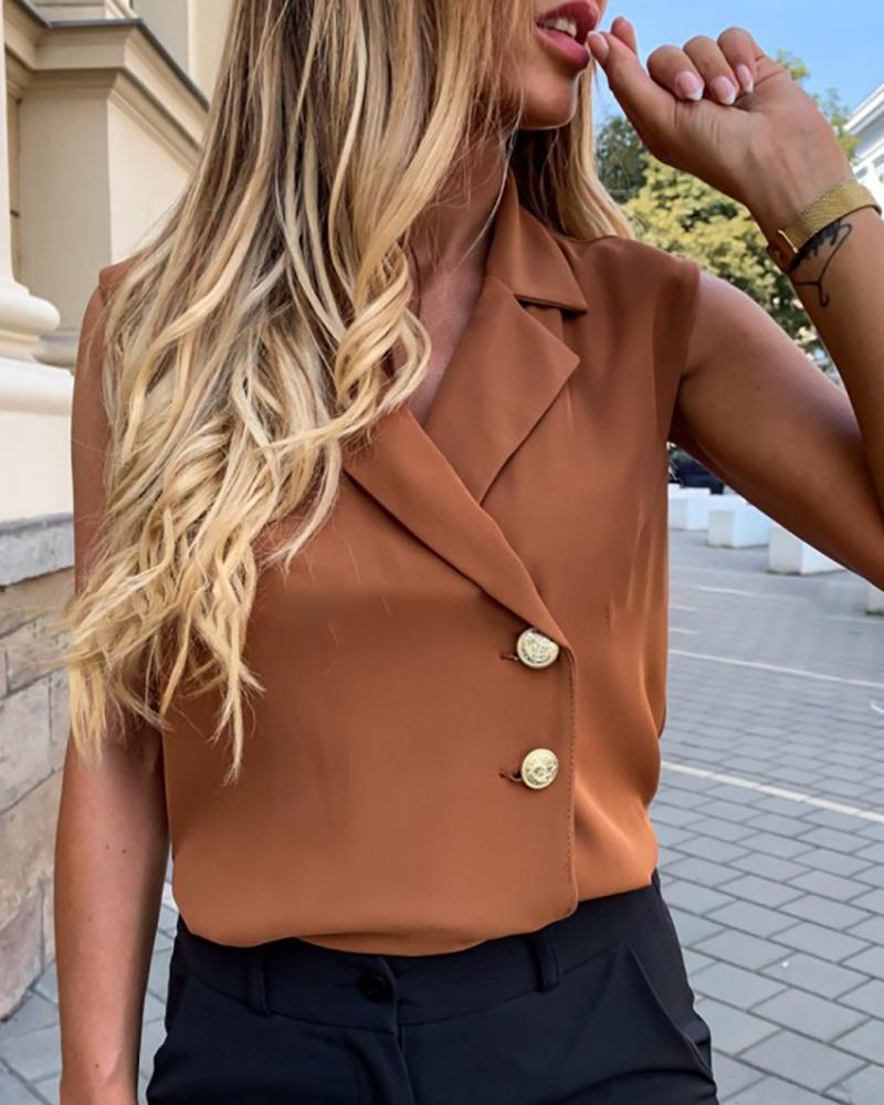 

Sleeveless Buttoned Casual Blouse, Dark brown